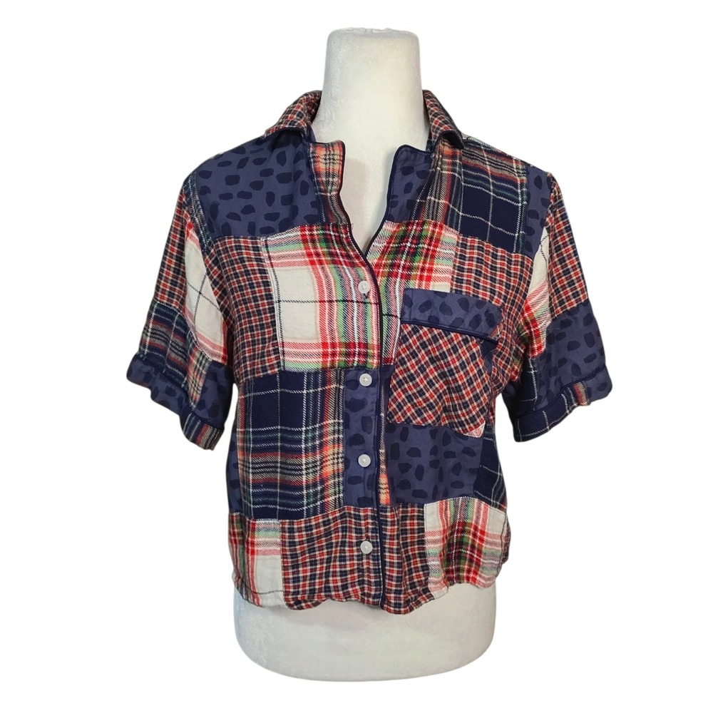 Aerie Women Patchwork Plaid Pajama Top Mixed Print Shirt Boho Eclectic Small